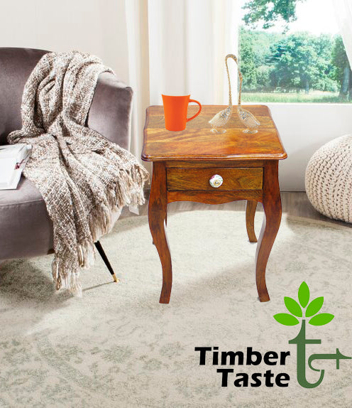 TimberTaste Solid Wood 1 Draw LOPAZ Side End Corner Table Natural Teak Finish