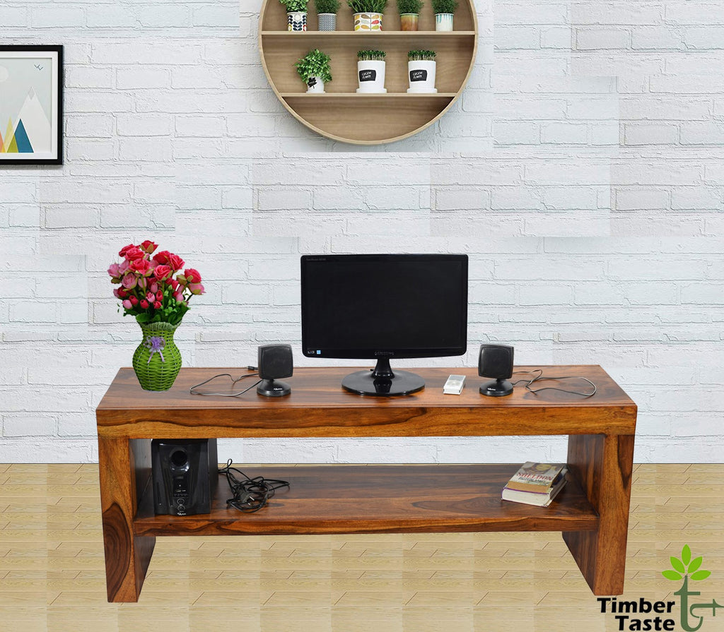 TimberTaste MALU Solid Wood TV Entertainment Unit  (Finish Color - Natural Teak)