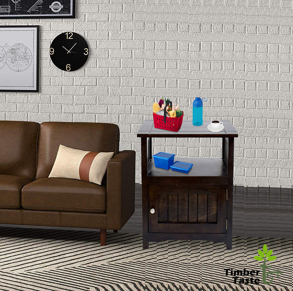 TimberTaste Sheesham Wood 1 Door Cabinet MEEKA End Corner Table Dark Walnut Finish