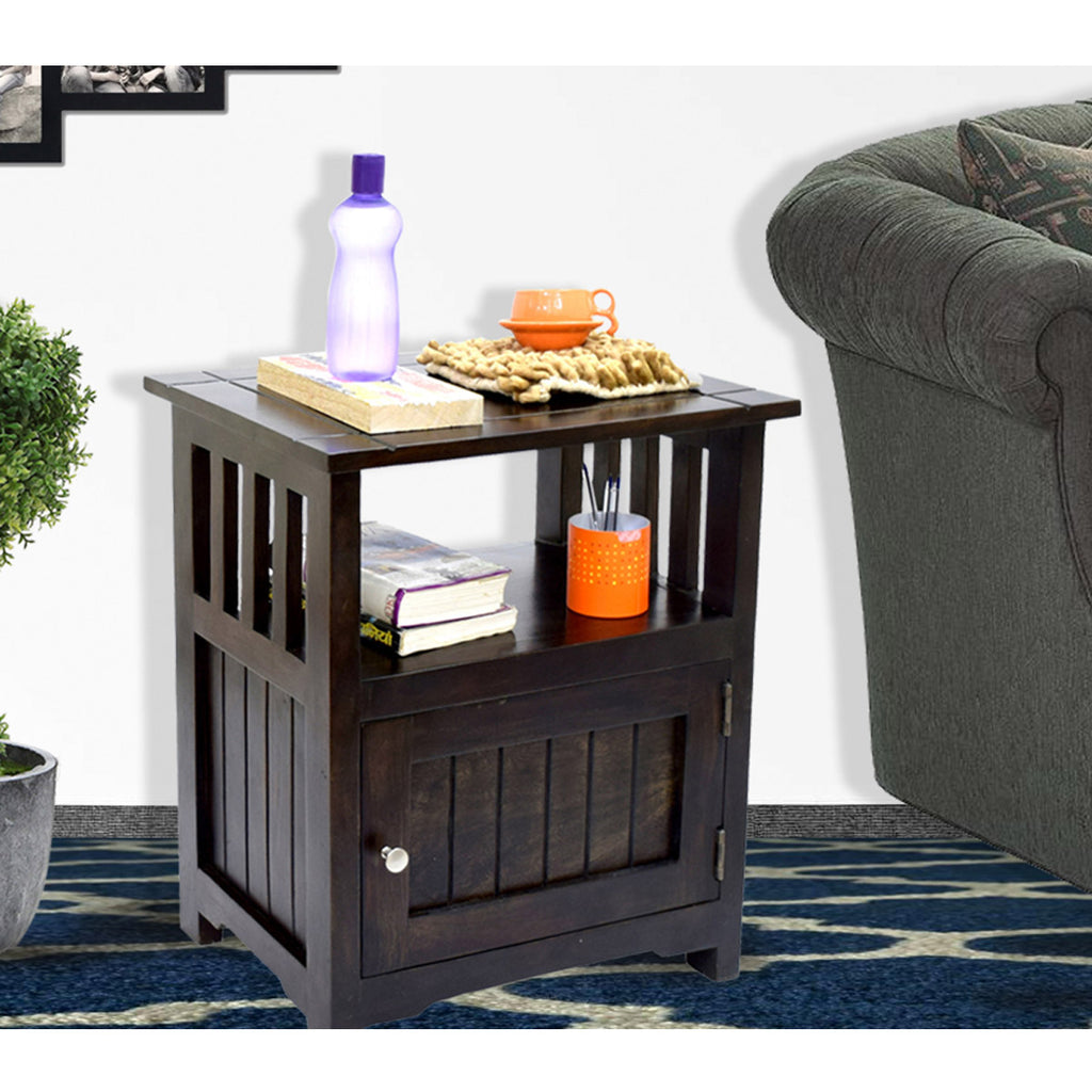TimberTaste Sheesham Wood 1 Door Cabinet MEEKA End Corner Table Dark Walnut Finish