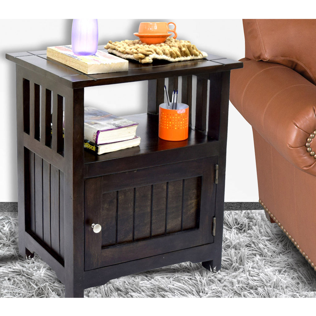 TimberTaste Sheesham Wood 1 Door Cabinet MEEKA End Corner Table Dark Walnut Finish