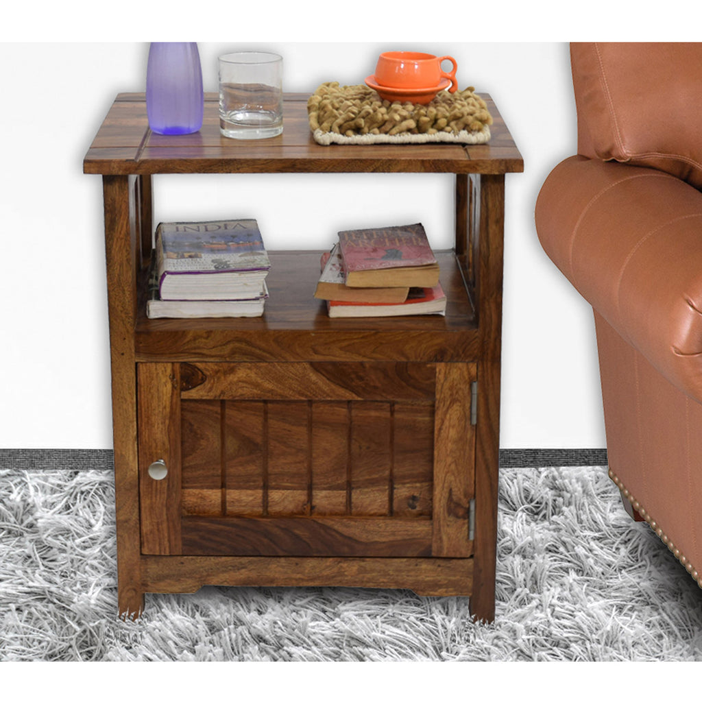 TimberTaste Sheesham Wood 1 Door Cabinet MEEKA End Corner Table Natural Teak Finish