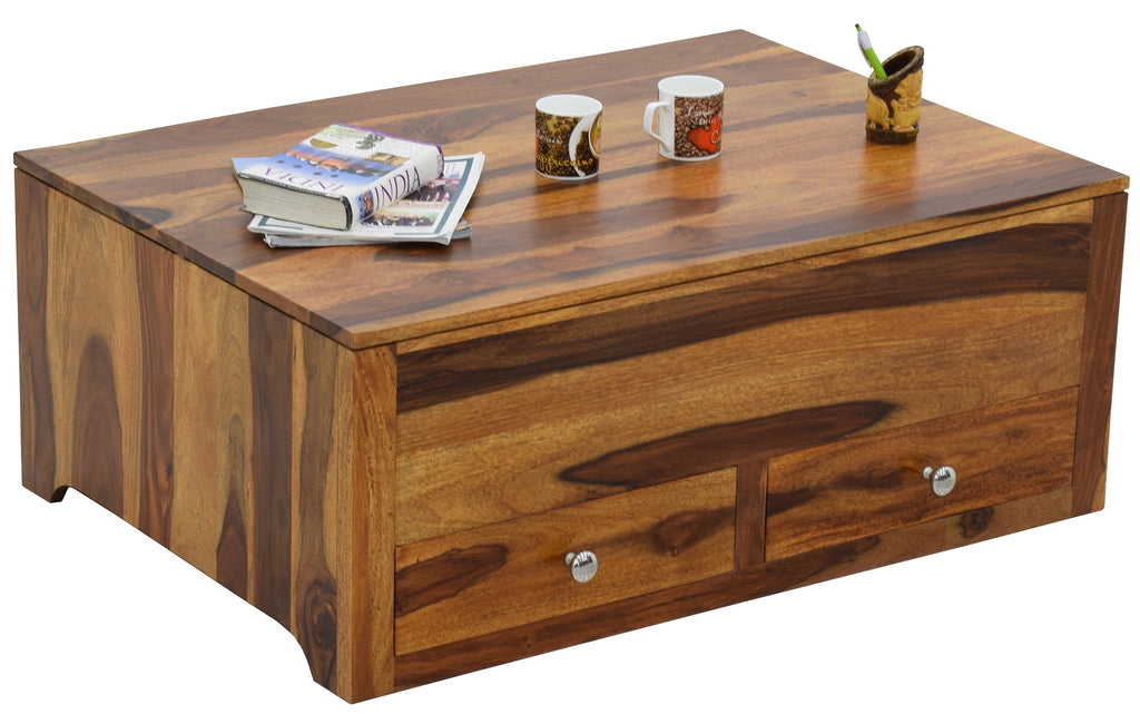 TimberTaste Sheesham Wood 2 Draw MODULA Natural Teak Finish Coffee Centre Table Teapoy, solid wood, fish tank stand, wooden table, multi-purpose cabinet