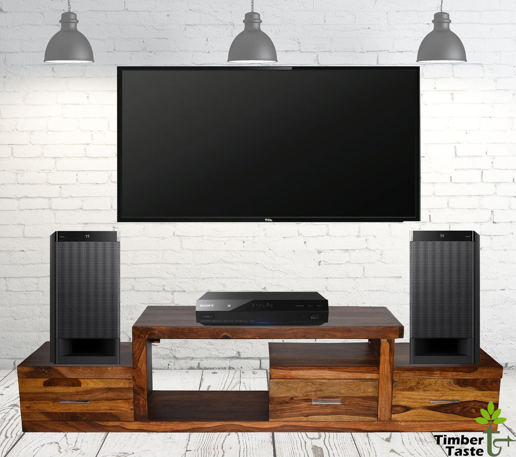 TimberTaste Sheesham Wood NADIA / SAROJ 3-Draw TV Cabinet (Natural Teak Finish).