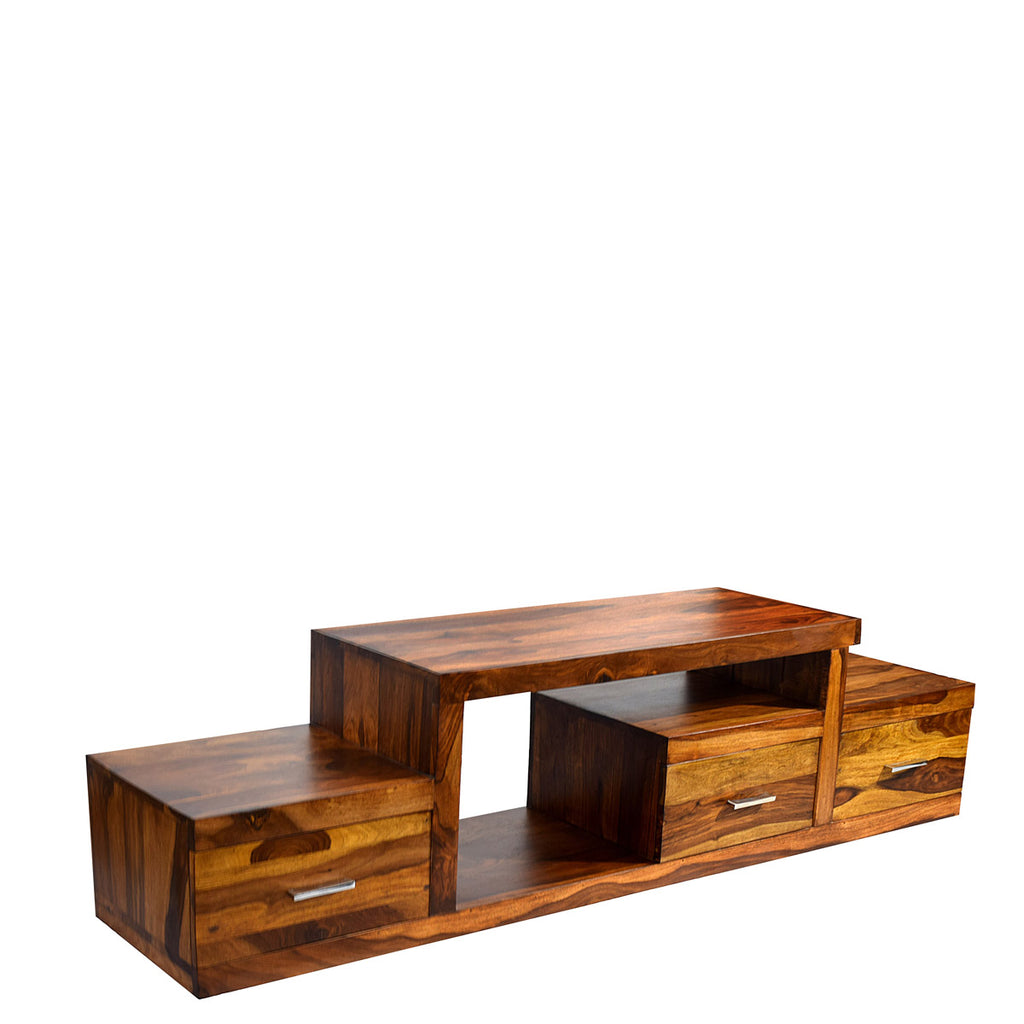 TimberTaste Sheesham Wood NADIA / SAROJ 3-Draw TV Cabinet (Natural Teak Finish).