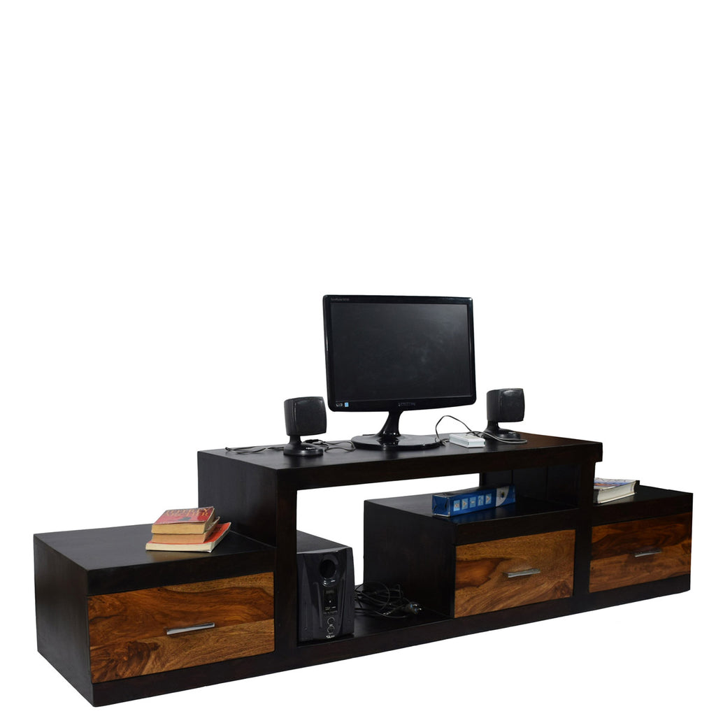 TimberTaste Sheesham Wood NADIA / SAROJ 3-Draw TV Cabinet (Dark Walnut With Teak Drawer Finish).