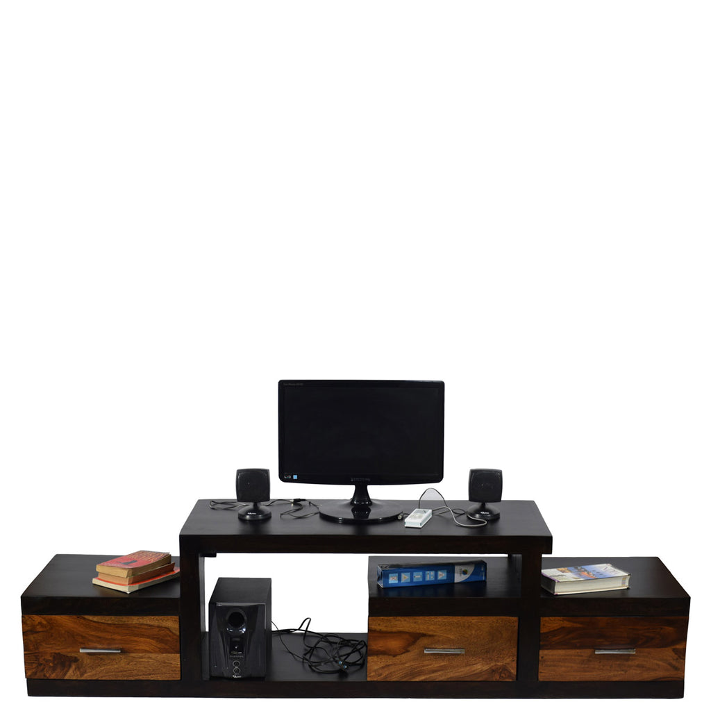TimberTaste Sheesham Wood NADIA / SAROJ 3 Draw TV Cabinet (Dark Walnut With Teak Drawer Finish).
