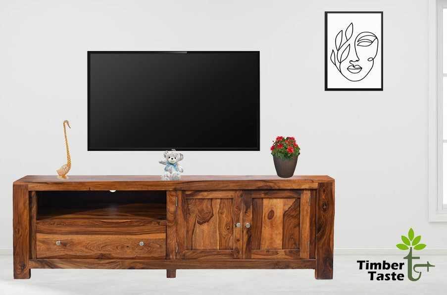 TimberTaste Solid Sheesham (Rosewood) Wood NEWCUBA TV Cabinet (Natural Teak Finish).