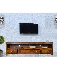 TimberTaste Sheesham Wood 3 Draw NEWDOLLY Natural Teak Modern TV Unit Cabinet Entertainment Stand.