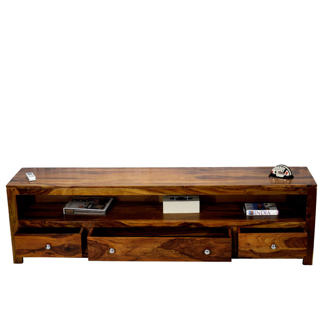 TimberTaste Sheesham Wood 3 Draw NEWDOLLY Natural Teak Modern TV Unit Cabinet Entertainment Stand.