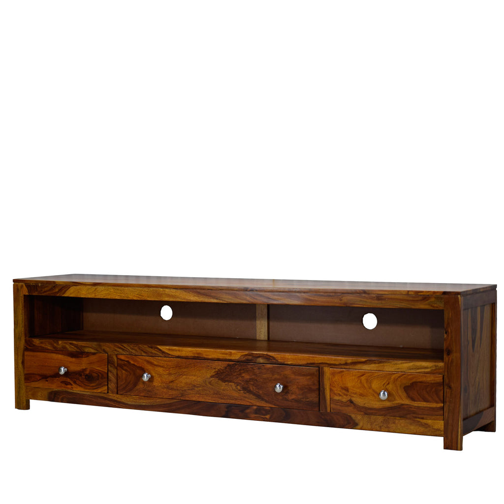 TimberTaste Sheesham Wood 3 Draw NEWDOLLY Dark Walnut Modern TV Unit Cabinet Entertainment Stand.