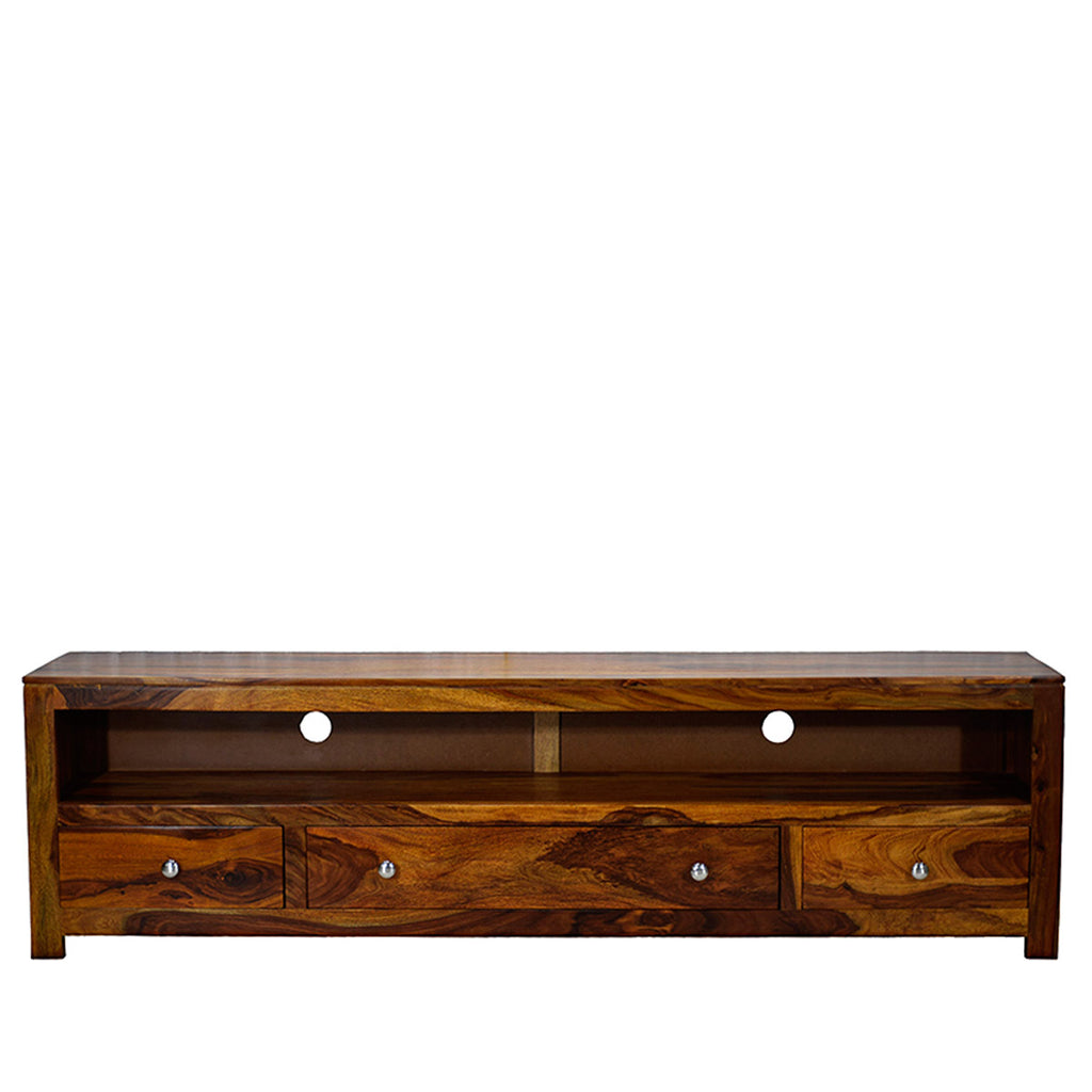 TimberTaste Sheesham Wood 3 Draw NEWDOLLY Natural Teak Modern TV Unit Cabinet Entertainment Stand.