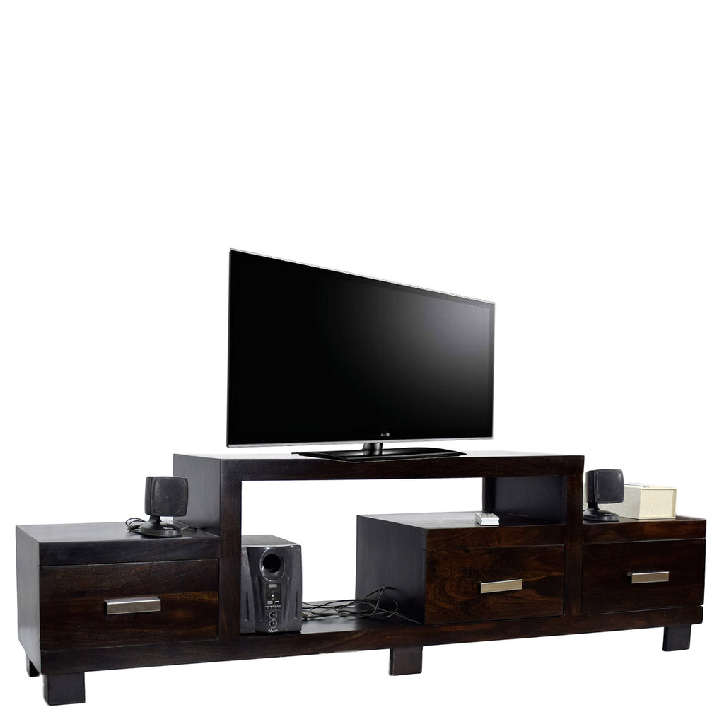 TimberTaste Sheesham Wood NEWNADIA 3 Draw TV Cabinet Dark Walnut Finish.