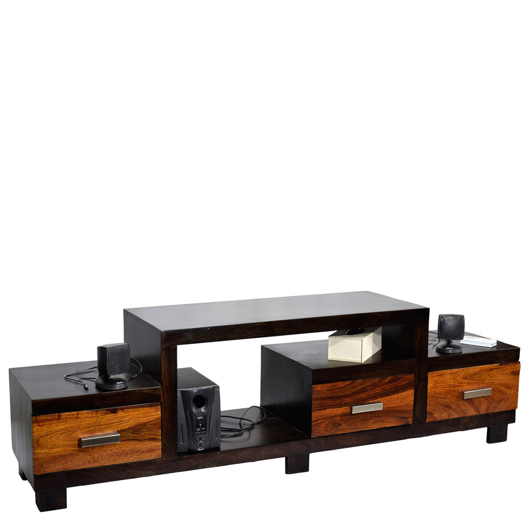 TimberTaste Sheesham Wood NEWNADIA 3 Draw TV Cabinet Dark Walnut With Teak Draw.