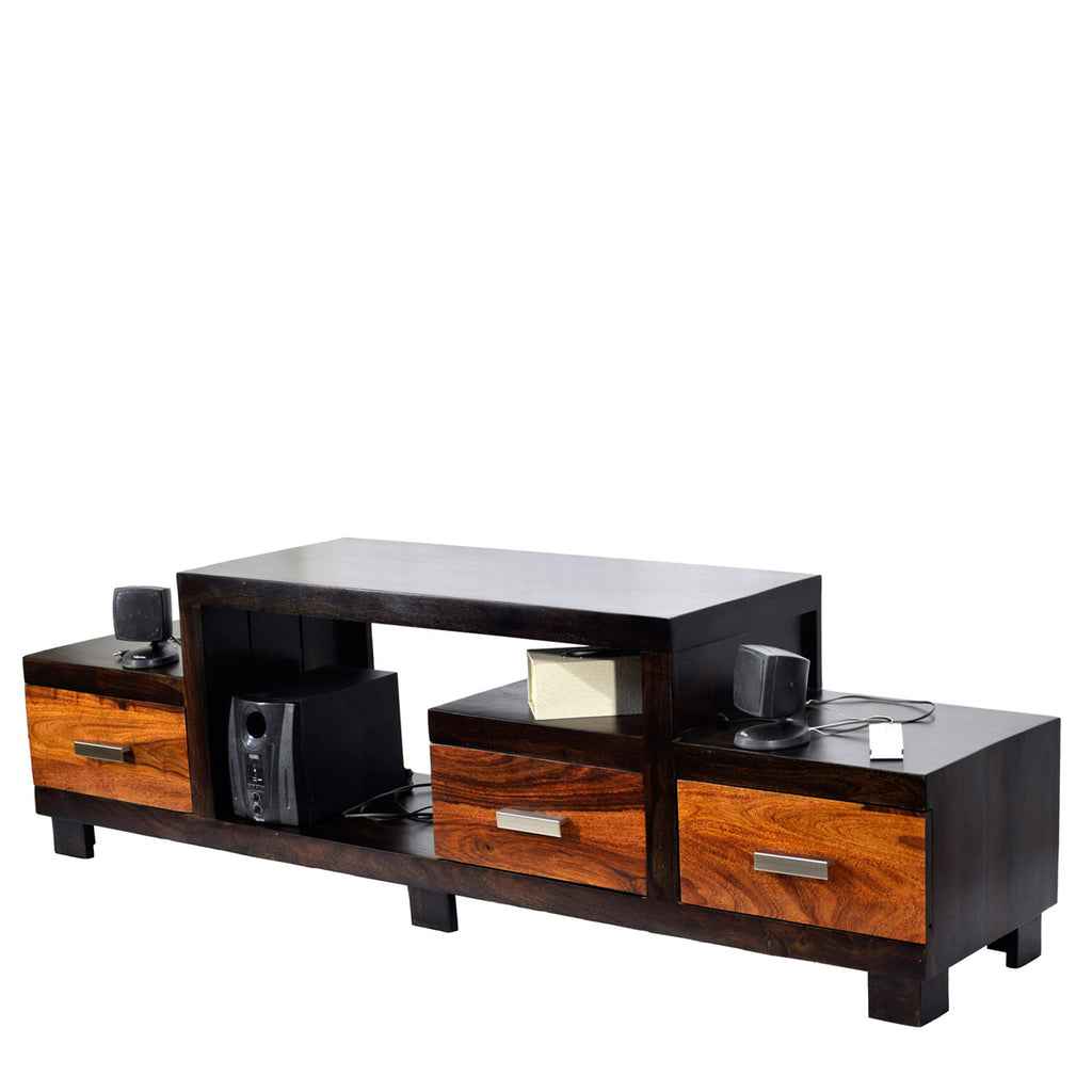 TimberTaste Sheesham Wood NEWNADIA 3 Draw TV Cabinet Dark Walnut With Teak Draw.