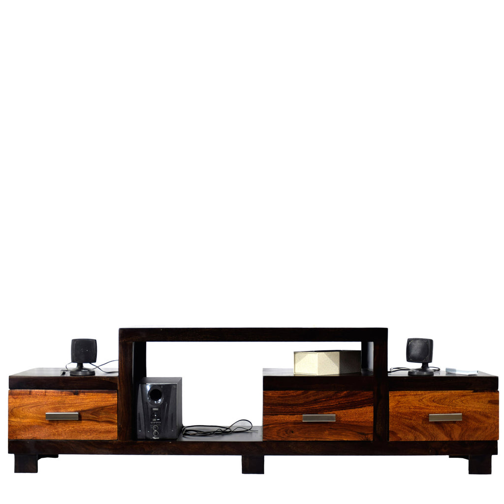 TimberTaste Sheesham Wood NEWNADIA 3 Draw TV Cabinet Dark Walnut With Teak Draw.