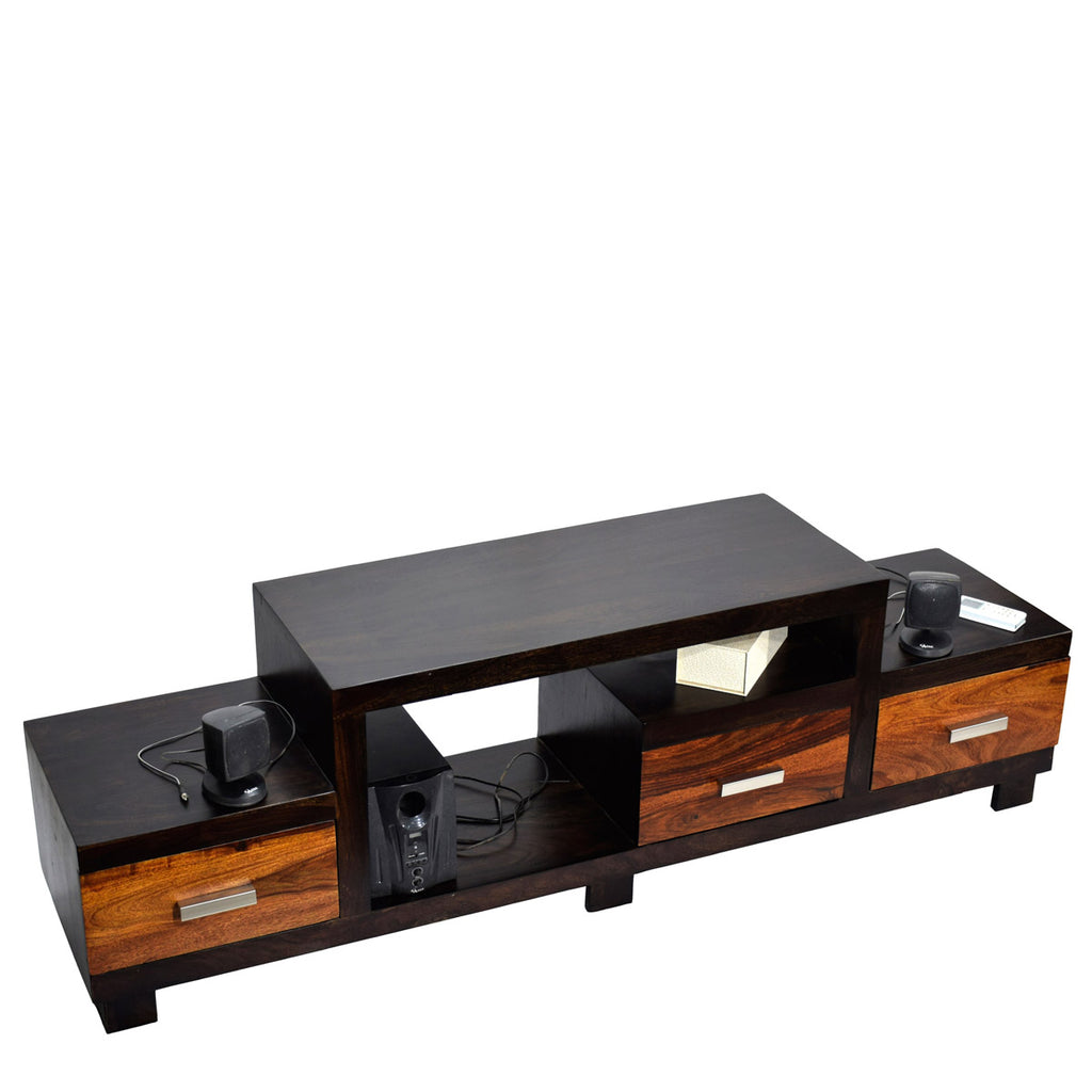 TimberTaste Sheesham Wood NEWNADIA 3 Draw TV Cabinet Dark Walnut With Teak Draw.