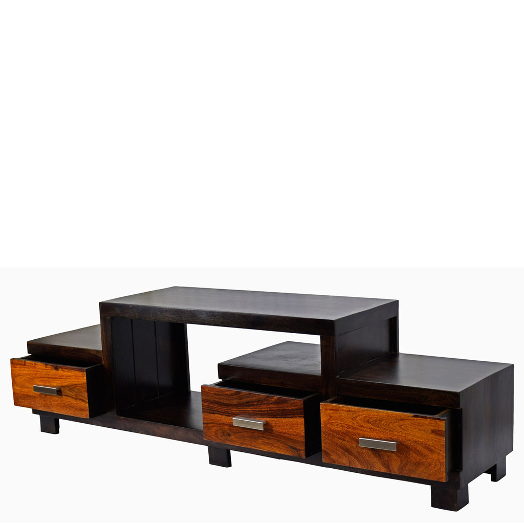 TimberTaste Sheesham Wood NEWNADIA 3 Draw TV Cabinet Dark Walnut With Teak Draw.