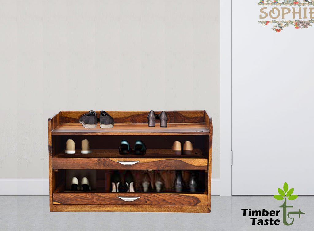 Timbertaste Sheesham Solid Wood Orion Natural Teak Finish Shoe Rack Shoe Cabinet Shoe Storage