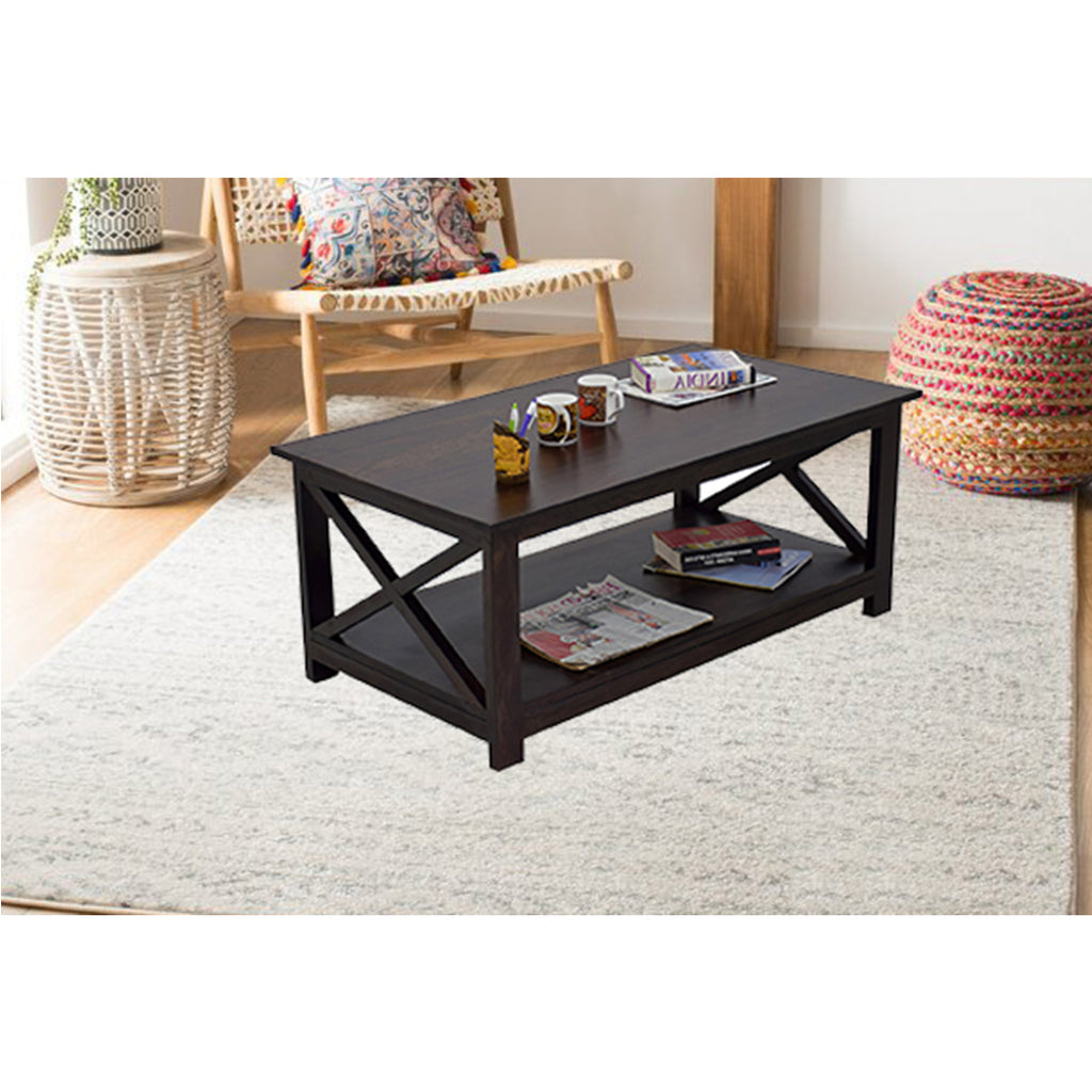 Timbertaste Sheesham Solid Wood SCROSS Dark Walnut Finish Coffee Center Table Teapoy