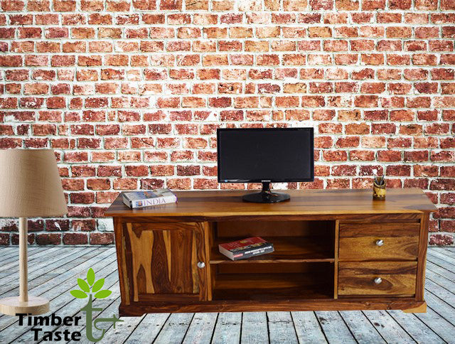 Timbertaste Sheesham Solid Wood SHENOY Natural Teak Finish TV Cabinet Entertainment Unit