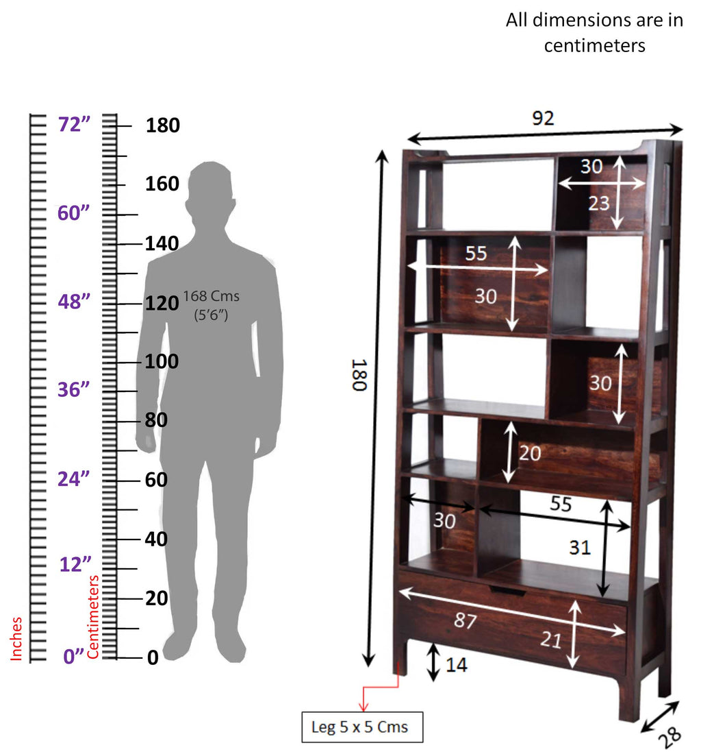 Timbertaste Sheesham Solid Wood SOHANA Dark Walnut Finish Bookcase Book Shelf Book Storage, Book Shelf