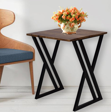 Timbertaste Solid Sheesham Wood Top Black Iron legs Akia Accent Side Table ( Provincial Teak)